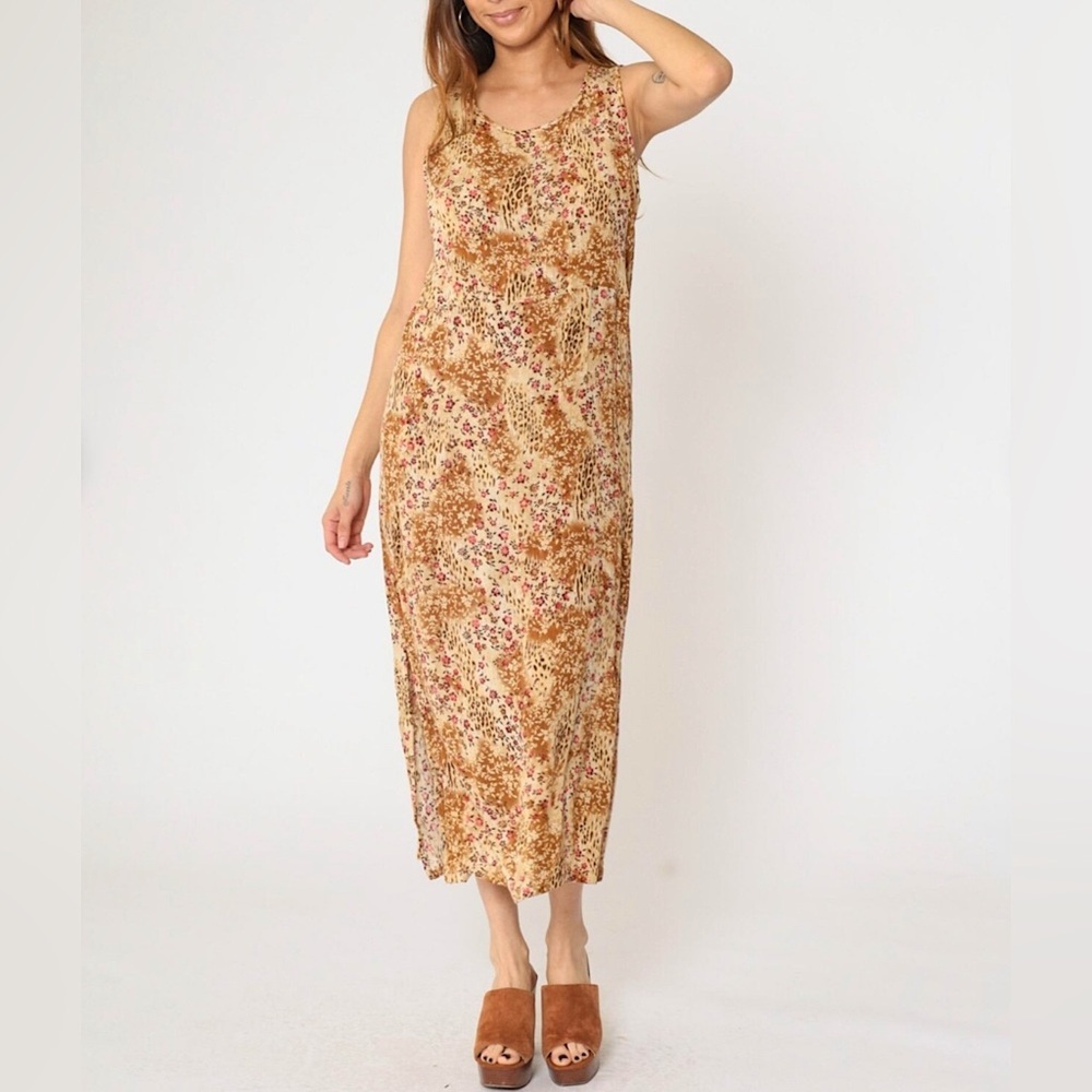 Vintage 90’s Kathie Lee Maxi Dress Floral Leopard Animal Print Slits‎ Sleeveless